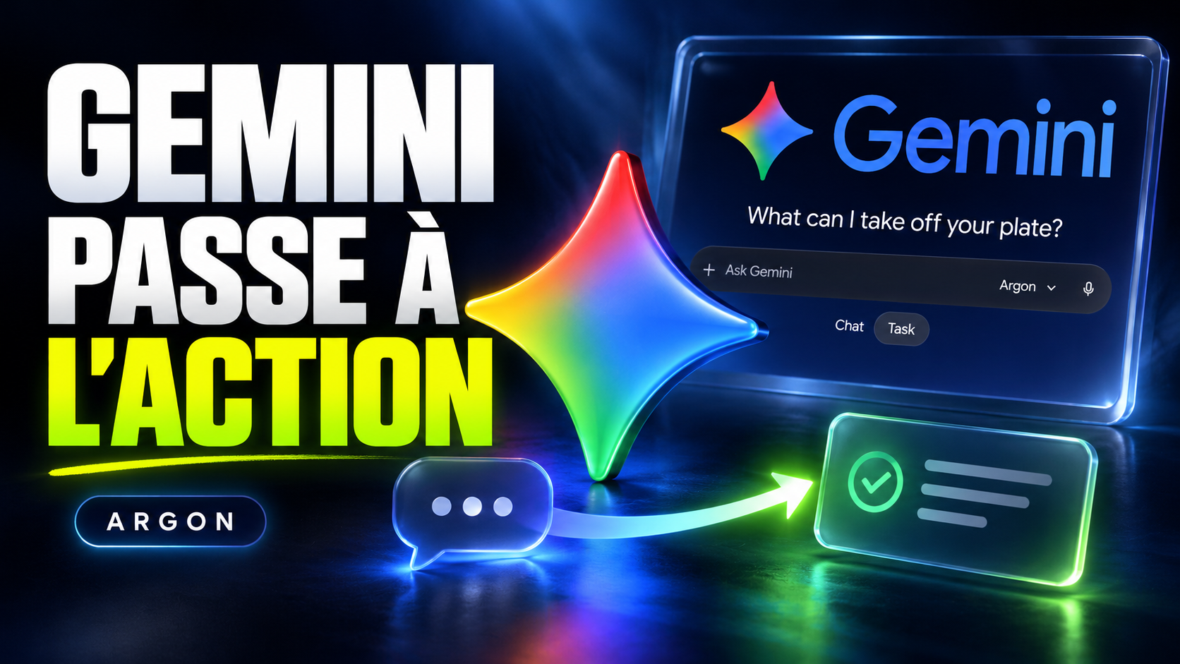 Couverture éditoriale : Gemini passe à l’action, avec le logo Gemini, une conversation et une tâche reliées à l’interface Chat / Task.