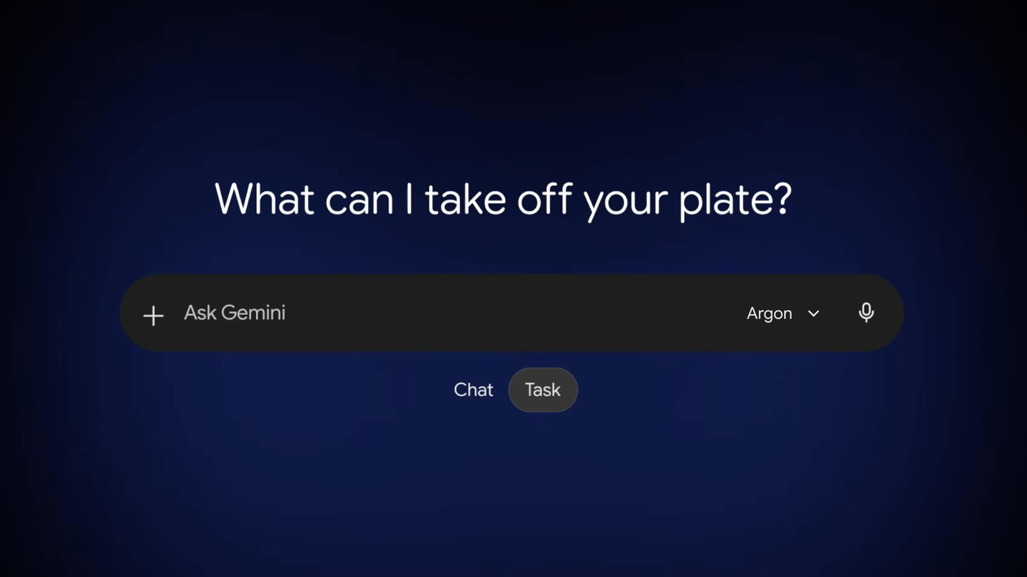 Capture officielle de Gemini avec Argon : les modes Chat et Task apparaissent sous la zone de saisie.